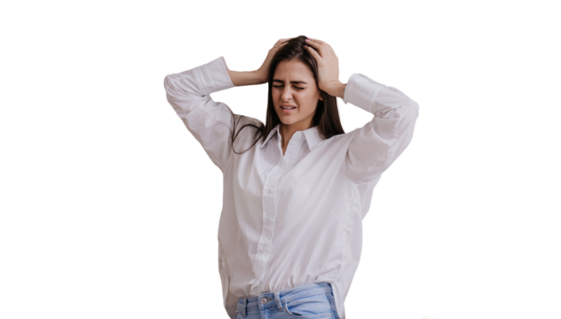 Young woman touching head with painful face against transparent background. Upset girl received terrible news. Grief, trouble, failure. Upset American female forgot important thing