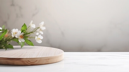 A minimalist wooden platform with a soft-focus background of delicate cherry blossoms flowers conveying a serene and clean aesthetic