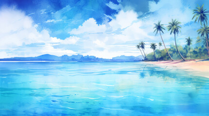 Illustration of a tropical beach with palm trees and blue sky.
