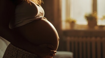 Pregnant woman in a homely setting, cradling her baby bump with a tender glow.