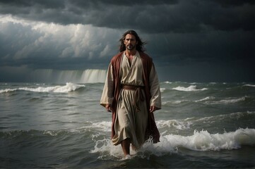 Miraculous Crossing: Jesus Treads Stormy Waters, a Divine Journey Across Turbulent Seas with Unyielding Faith.