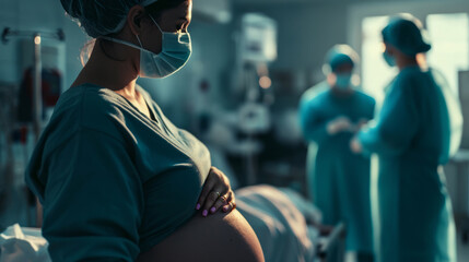 Pregnant woman in a hospital, preparing for a prenatal check-up, a moment of quiet anticipation. - obrazy, fototapety, plakaty