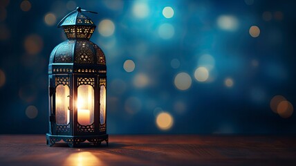 Arabic Lantern With Glowing Light Burning Candle on Night Sky Background on left, empty space on right, copy space - generative ai - obrazy, fototapety, plakaty
