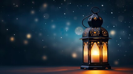 Arabic Lantern With Glowing Light Burning Candle on Night Sky Background on left, empty space on right, copy space - generative ai - obrazy, fototapety, plakaty