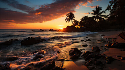Fototapeta na wymiar Island Haven, A Deserted Tropical Paradise Glows in the Serene Hues of Sunset.