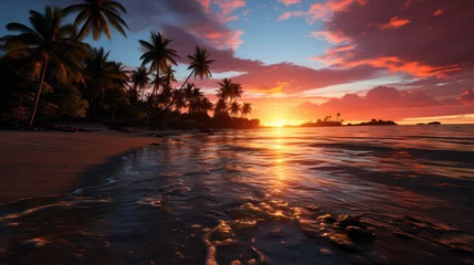 Cercles muraux Coucher de soleil sur la plage Island Haven, A Deserted Tropical Paradise Glows in the Serene Hues of Sunset.