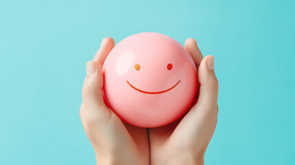 Obraz premium Happy Grasp, Hands Hold a Pink Ball with a Smiling Face, Radiating Positivity.