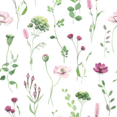 Botanical seamless pattern with purple and pink flowers, green plants and branches. Watercolor isolated illustration for floral textile, wallpapers or nature background, delicate decorative print. - 703707853