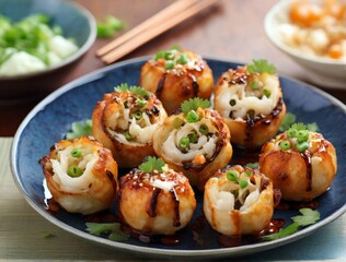 Delicious Takoyaki Served on a Plate. Generative AI.