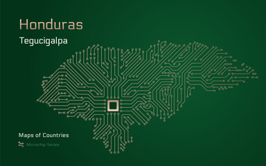 Naklejka premium Honduras Map with a capital of Tegucigalpa Shown in a Microchip Pattern. E-government. World Countries vector maps. Microchip Series 