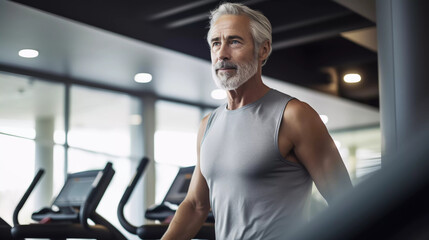 Fototapeta na wymiar Mature man walking on a treadmill at the gym 