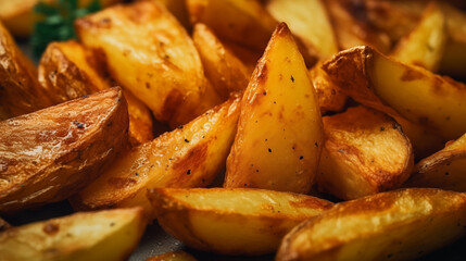 Extreme close-up of fried potatoes. Food photography