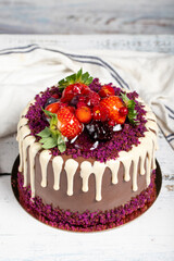 Birthday cake. Fruit cake on a white background. Close up