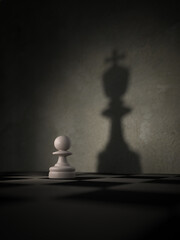 3D rendering, White chess pawn with the shadow of a king,  Think Big concept.