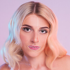 blonde on a pink background with creative lines on her face