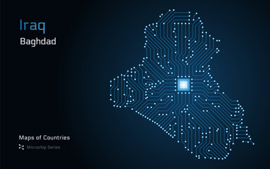 Iraq Map with a capital of Baghdad Shown in a Blue Glowing Microchip Pattern. E-government. World Countries vector maps. Microchip Series	