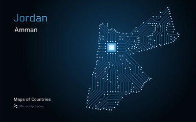 Jordan Map with a capital of Amman Shown in a Blue Glowing Microchip Pattern. E-government. World Countries vector maps. Microchip Series	