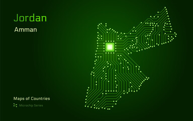 Jordan Map with a capital of Amman Shown in a Green Glowing Microchip Pattern. E-government. World Countries vector maps. Microchip Series	