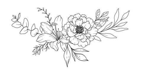 Peony Line Drawing. Black and white Floral Bouquets. Flower Coloring Page. Floral Line Art. Fine Line Peony illustration. Hand Drawn flowers. Botanical Coloring. Wedding invitation flowers
