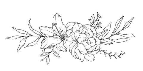 Fototapeta premium Peony Line Drawing. Black and white Floral Bouquets. Flower Coloring Page. Floral Line Art. Fine Line Peony illustration. Hand Drawn flowers. Botanical Coloring. Wedding invitation flowers