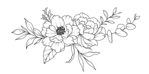 Peony Line Drawing. Black and white Floral Bouquets. Flower Coloring Page. Floral Line Art. Fine Line Peony illustration. Hand Drawn flowers. Botanical Coloring. Wedding invitation flowers