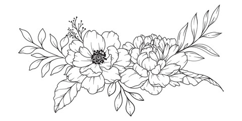Peony Line Drawing. Black and white Floral Bouquets. Flower Coloring Page. Floral Line Art. Fine Line Peony illustration. Hand Drawn flowers. Botanical Coloring. Wedding invitation flowers - obrazy, fototapety, plakaty