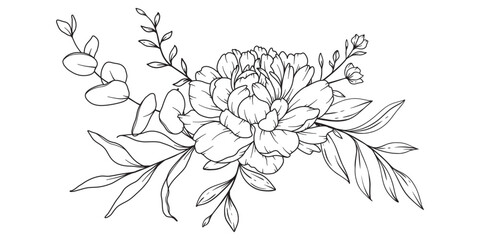 Peony Line Drawing. Black and white Floral Bouquets. Flower Coloring Page. Floral Line Art. Fine Line Peony illustration. Hand Drawn flowers. Botanical Coloring. Wedding invitation flowers © Xenia