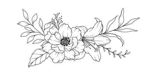 Peony Line Drawing. Black and white Floral Bouquets. Flower Coloring Page. Floral Line Art. Fine Line Peony illustration. Hand Drawn flowers. Botanical Coloring. Wedding invitation flowers