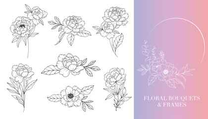 Peony Line Drawing. Floral Frames and Bouquets. Floral Line Art. Fine Line Peony Frames Hand Drawn Illustration. Hand Drawn Outline Magnolias. Botanical Coloring Page. Peony Isolated