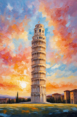 modern colorful oil painting of Pisa in sunset. Italy. artist collection of painting for decoration and interior, canvas art, abstract.