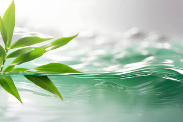 Spa background banner with green bamboo leaf on clean water. Beauty and cosmetic concept. 