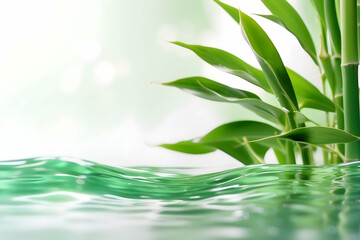 Spa background banner with green bamboo leaf on clean water. Beauty and cosmetic concept. 