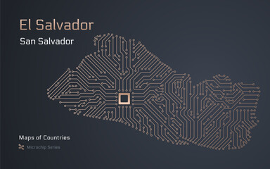 El Salvador Map with a capital of San Salvador Shown in a Microchip Pattern. E-government. World Countries vector maps. Microchip Series	