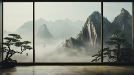 misty morning in the mountains, from a wooden window, with a  potted plant 