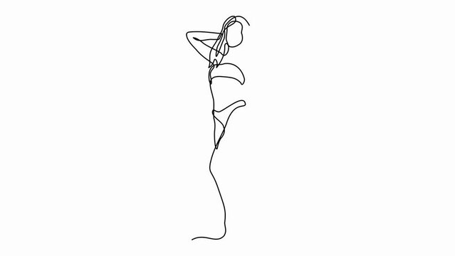 Self drawing animation with one continuous line draw,
abstract girl, a woman without a face, who stands beautifully in a swimsuit or underwear with her hands behind her head