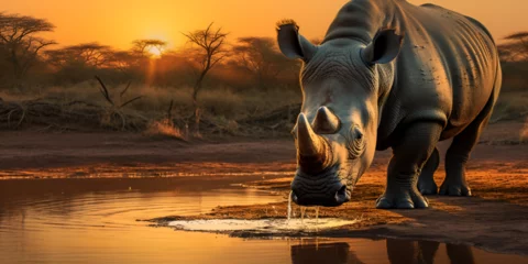 Rolgordijnen painting of a rhino with head out of water, in the style of naturalistic landscape background,Strong Big Rhinoceros Stand Alone in Jungle at Sunset Golden Hour Selective Focus Background,generative AI © Samra
