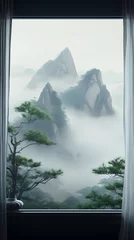 Papier Peint photo autocollant Monts Huang misty morning in the mountains, from a wooden window, with a  potted plant 