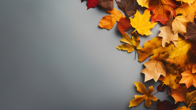  Autumn Decoration Border Fall Leaves Isolated On  Background Top View, Generative Ai