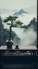 Papier Peint photo Monts Huang misty morning in the mountains, from a wooden window with potted plants on a wooden table