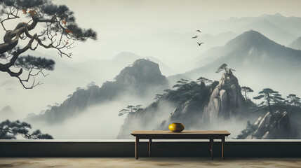 misty morning in the mountains,  with a wooden table