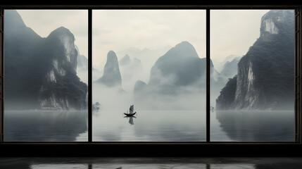 three gorges, view from the wooden window	