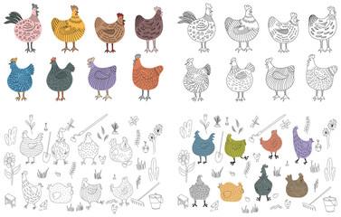 Set of hand drawn doodle hen, rooster, chicken, hen, egg, garden tools.