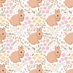 Easter bunny floral pattern in beige color. Vector baby rabbit animal, cute tiny flowers. Damask print