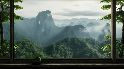 view of moutains, from a wooden window	