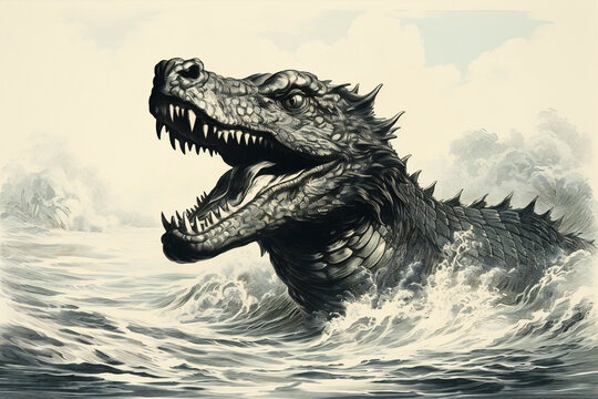 Sea monster serpent, engraved style art. Generative AI image.
