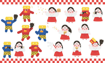 節分の鬼とおかめさんのかわいいキャラクターセット