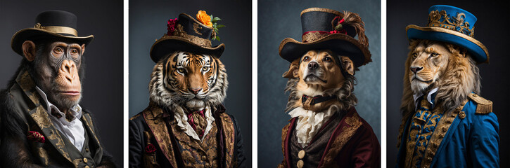 animals, lion , tiger, dog, chimpanzee with a aristocratic suit and hat. Profile view. artist collection for decoration and interior. 4 piece canvas art, wall art, poster, home decor