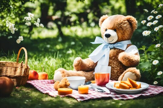 Beautiful Picnic in the Summer Garden With a cute teddy bear