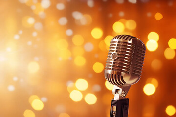 Close up retro microphone with a golden bokeh background. AI gen