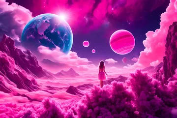 Poster Im Rahmen a beautiful cosmic landscape with a pink planet in pink clouds. Pink doll planet with cartoon doll © Zoraiz